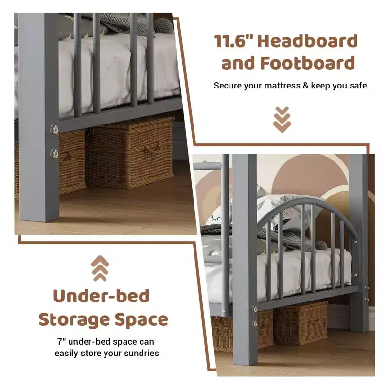 Metal Bunk Bed Twin Over Twin, Heavy Duty Bunkbeds Frame with Arched Guardrail and Safety Ladder, Steel Bed for Kids, No Box Spring Needed, Pink
