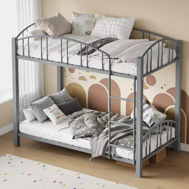 Metal Bunk Bed Twin Over Twin, Heavy Duty Bunkbeds Frame with Arched Guardrail and Safety Ladder, Steel Bed for Kids, No Box Spring Needed, Pink