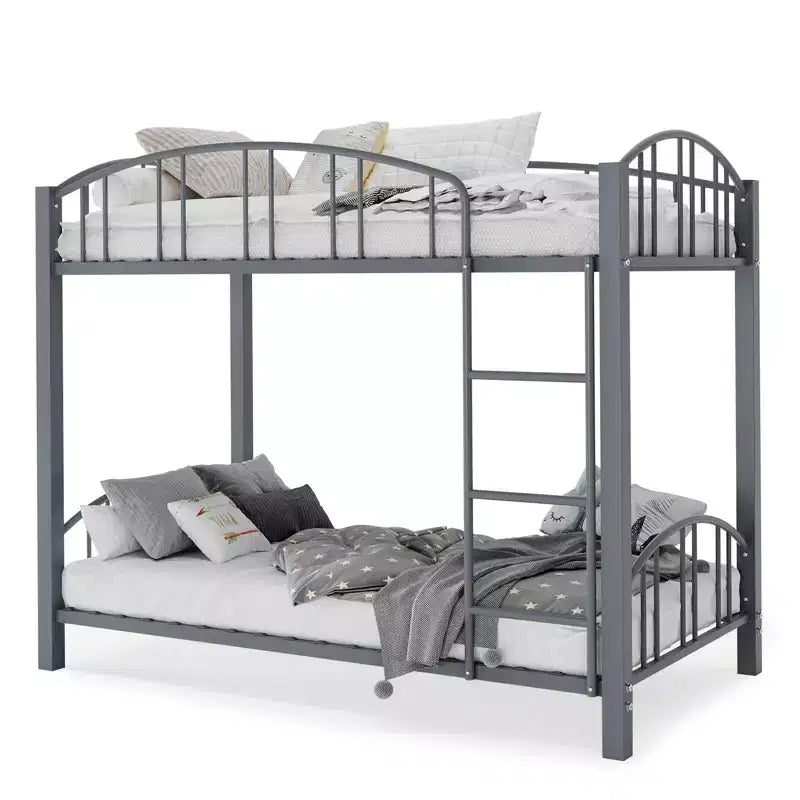 Metal Bunk Bed Twin Over Twin, Heavy Duty Bunkbeds Frame with Arched Guardrail and Safety Ladder, Steel Bed for Kids, No Box Spring Needed, Pink