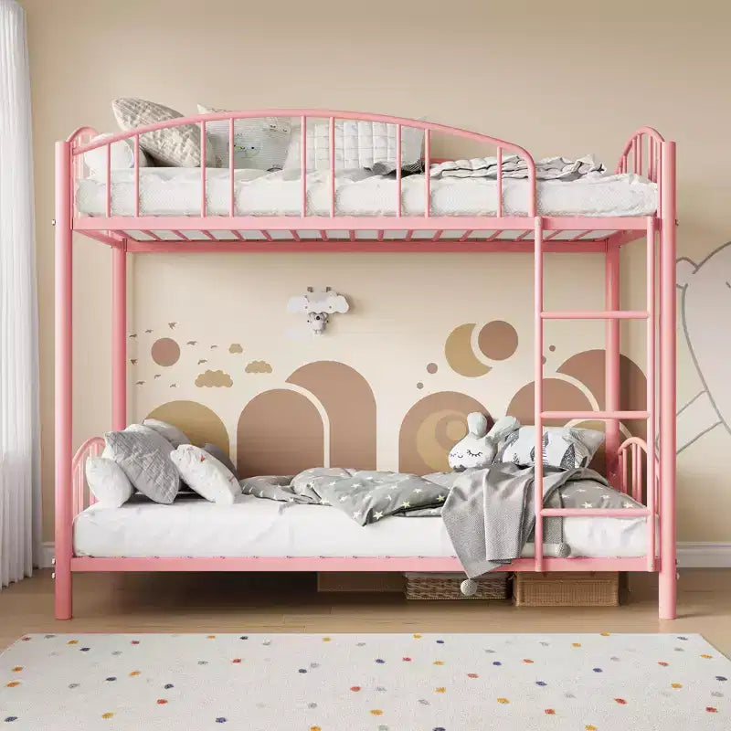 Metal Bunk Bed Twin Over Twin, Heavy Duty Bunkbeds Frame with Arched Guardrail and Safety Ladder, Steel Bed for Kids, No Box Spring Needed, Pink