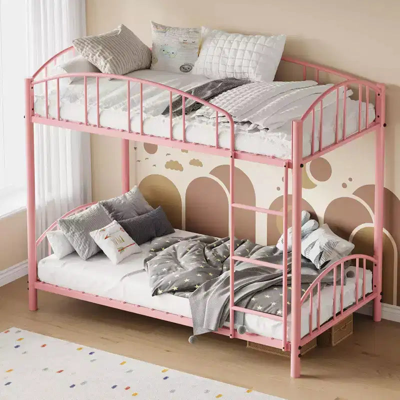 Metal Bunk Bed Twin Over Twin, Heavy Duty Bunkbeds Frame with Arched Guardrail and Safety Ladder, Steel Bed for Kids, No Box Spring Needed, Pink