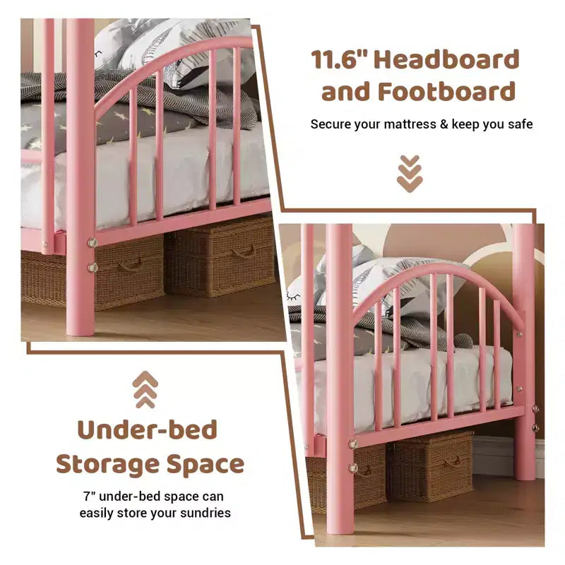 Metal Bunk Bed Twin Over Twin, Heavy Duty Bunkbeds Frame with Arched Guardrail and Safety Ladder, Steel Bed for Kids, No Box Spring Needed, Pink
