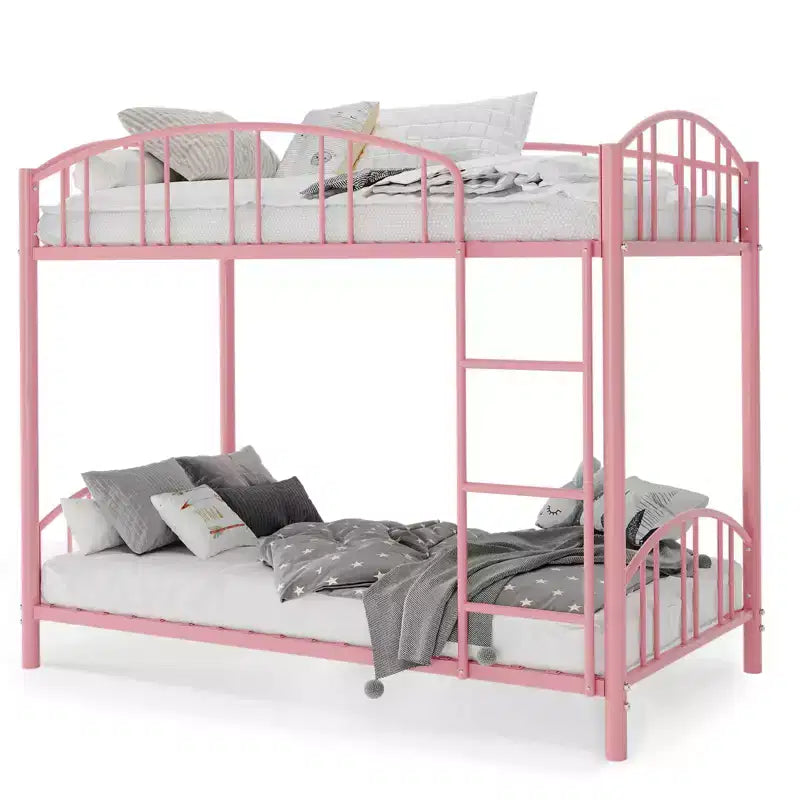 Metal Bunk Bed Twin Over Twin, Heavy Duty Bunkbeds Frame with Arched Guardrail and Safety Ladder, Steel Bed for Kids, No Box Spring Needed, Pink