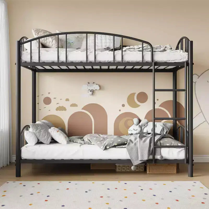 Metal Bunk Bed Twin Over Twin, Heavy Duty Bunkbeds Frame with Arched Guardrail and Safety Ladder, Steel Bed for Kids, No Box Spring Needed, Pink