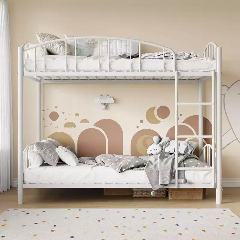 Metal Bunk Bed Twin Over Twin, Heavy Duty Bunkbeds Frame with Arched Guardrail and Safety Ladder, Steel Bed for Kids, No Box Spring Needed, Pink