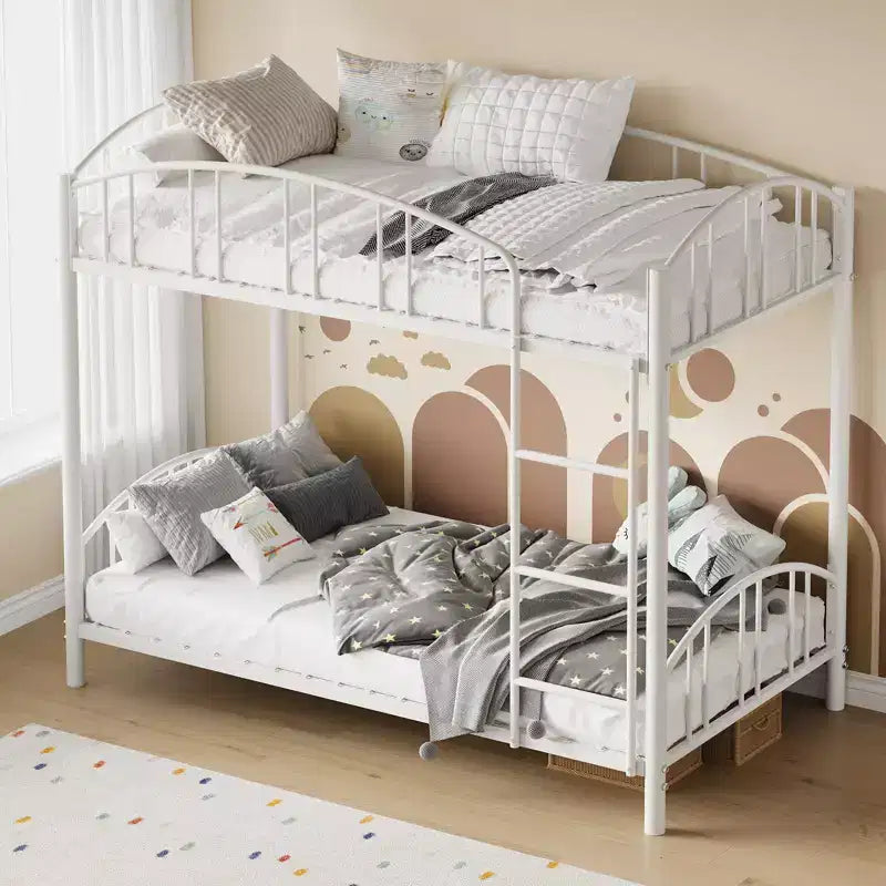 Metal Bunk Bed Twin Over Twin, Heavy Duty Bunkbeds Frame with Arched Guardrail and Safety Ladder, Steel Bed for Kids, No Box Spring Needed, Pink