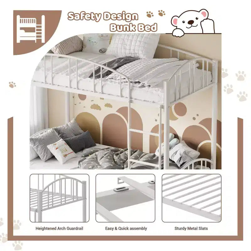 Metal Bunk Bed Twin Over Twin, Heavy Duty Bunkbeds Frame with Arched Guardrail and Safety Ladder, Steel Bed for Kids, No Box Spring Needed, Pink
