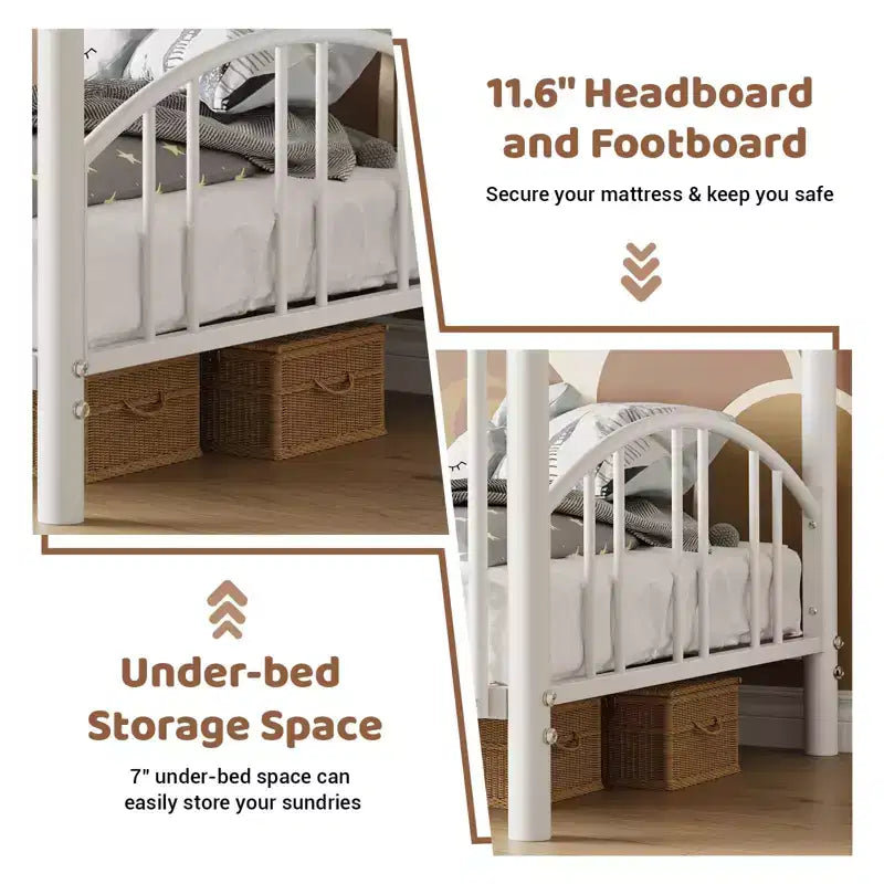 Metal Bunk Bed Twin Over Twin, Heavy Duty Bunkbeds Frame with Arched Guardrail and Safety Ladder, Steel Bed for Kids, No Box Spring Needed, Pink