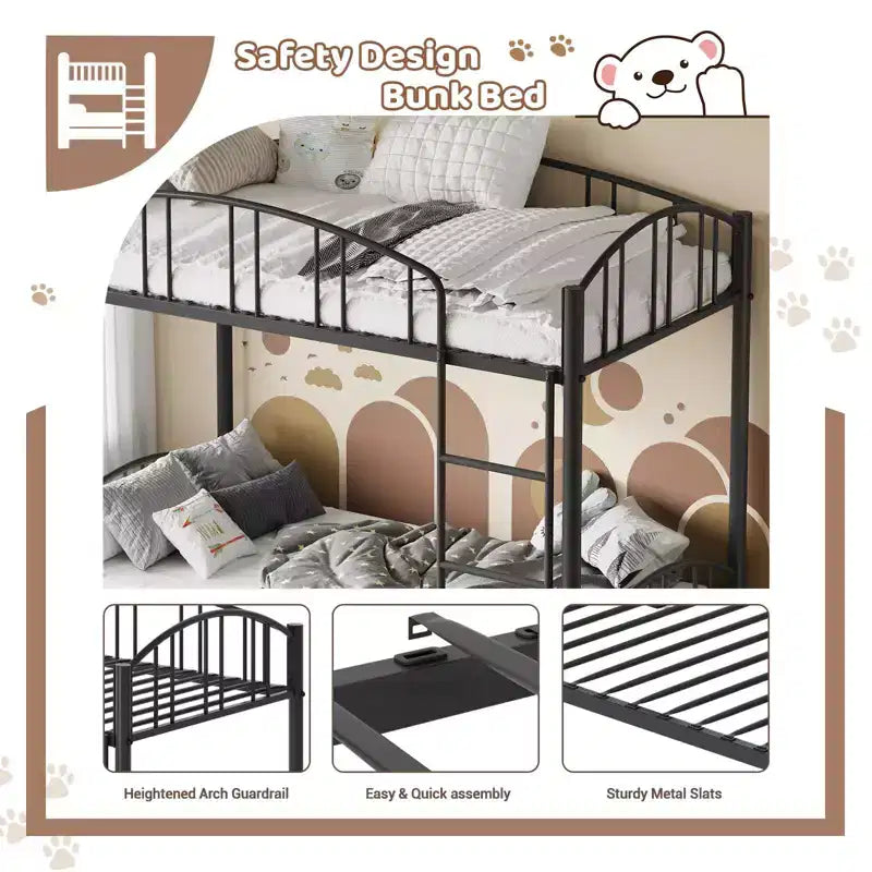 Metal Bunk Bed Twin Over Twin, Heavy Duty Bunkbeds Frame with Arched Guardrail and Safety Ladder, Steel Bed for Kids, No Box Spring Needed, Pink
