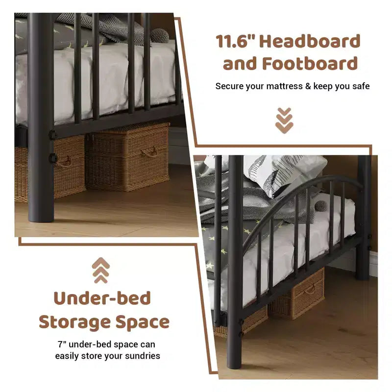Metal Bunk Bed Twin Over Twin, Heavy Duty Bunkbeds Frame with Arched Guardrail and Safety Ladder, Steel Bed for Kids, No Box Spring Needed, Pink