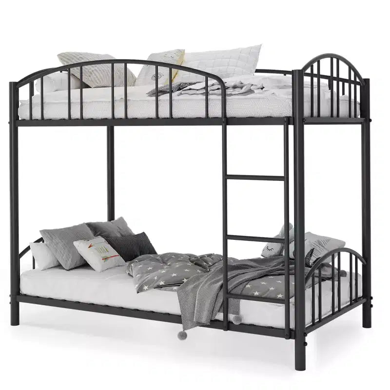 Metal Bunk Bed Twin Over Twin, Heavy Duty Bunkbeds Frame with Arched Guardrail and Safety Ladder, Steel Bed for Kids, No Box Spring Needed, Pink
