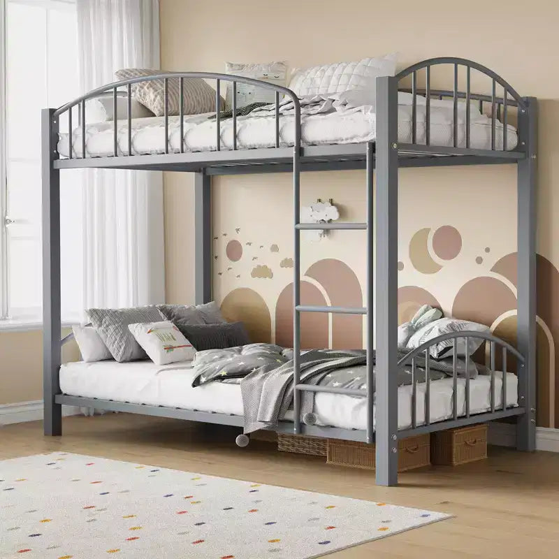 Metal Bunk Bed Twin Over Twin, Heavy Duty Bunkbeds Frame with Arched Guardrail and Safety Ladder, Steel Bed for Kids, No Box Spring Needed, Pink