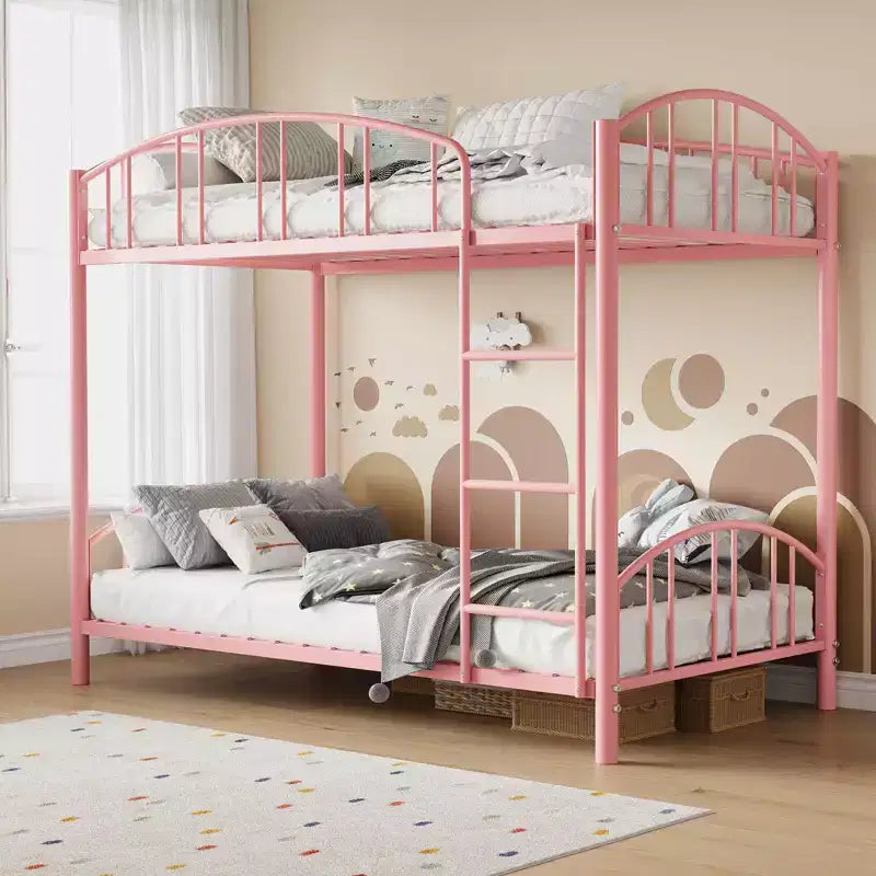 Metal Bunk Bed Twin Over Twin, Heavy Duty Bunkbeds Frame with Arched Guardrail and Safety Ladder, Steel Bed for Kids, No Box Spring Needed, Pink