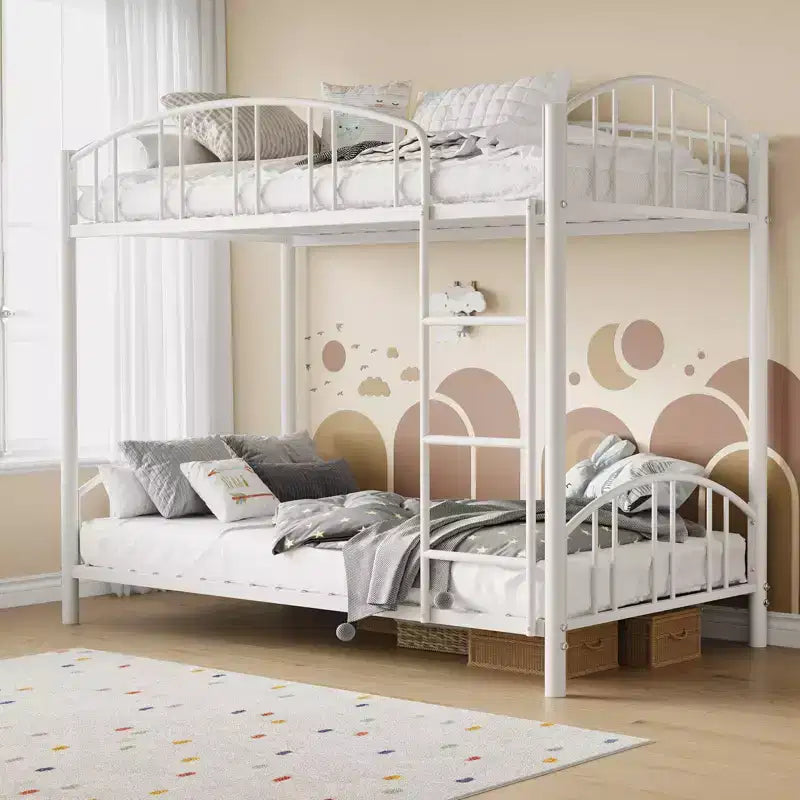 Metal Bunk Bed Twin Over Twin, Heavy Duty Bunkbeds Frame with Arched Guardrail and Safety Ladder, Steel Bed for Kids, No Box Spring Needed, Pink