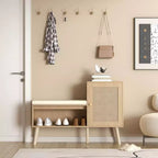 Boho-Stil PP-Rattan-Schuhbank mit Regal und 1 Tür, moderne Aufbewahrungsbank für den Eingangsbereich mit abnehmbarem Kissen für Flur und Schlafzimmer, Naturfarben