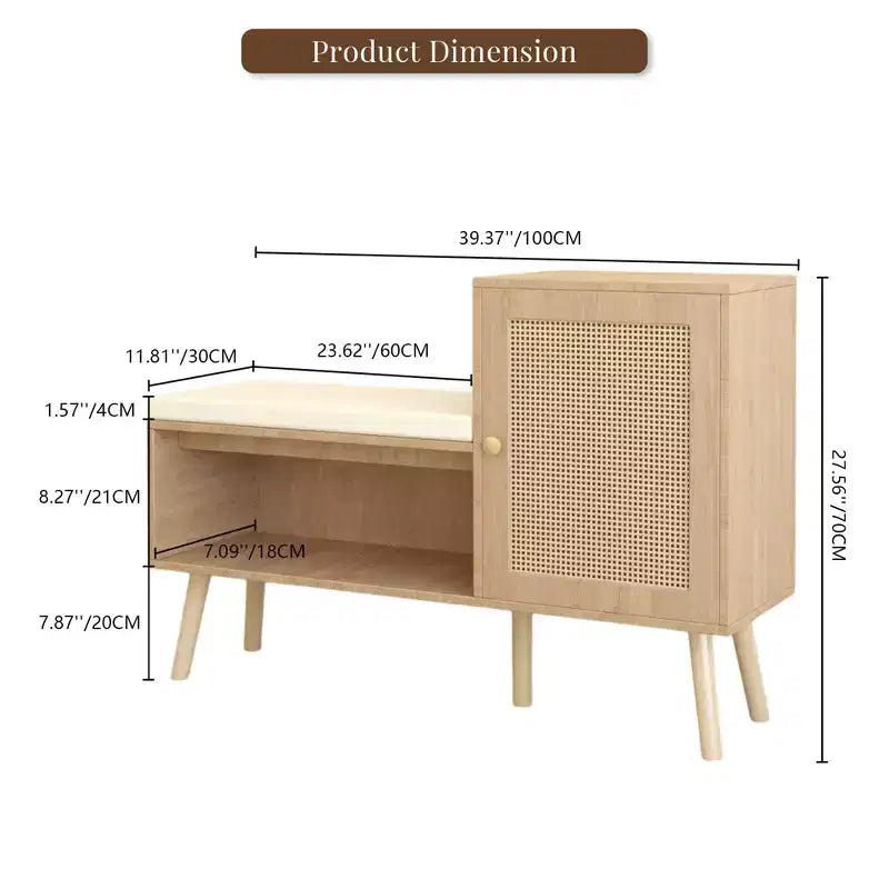 Boho Style PP Rattan Shoe Bench with Shelf and 1 Door,Modern Entryway Storage Bench with Removable Cushion for Hallway and Bedroom,Natural