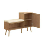 Boho-Stil PP-Rattan-Schuhbank mit Regal und 1 Tür, moderne Aufbewahrungsbank für den Eingangsbereich mit abnehmbarem Kissen für Flur und Schlafzimmer, Naturfarben