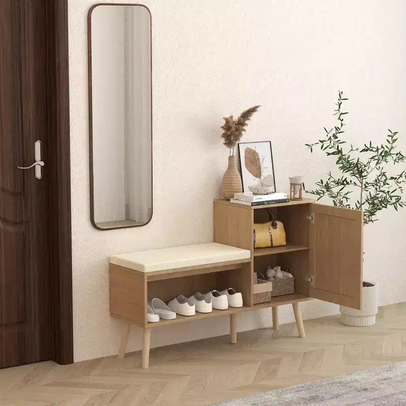 Boho Style PP Rattan Shoe Bench with Shelf and 1 Door,Modern Entryway Storage Bench with Removable Cushion for Hallway and Bedroom,Natural