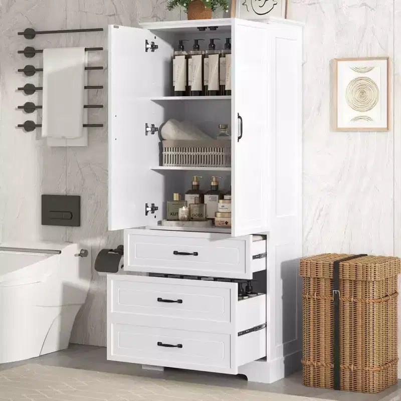 Modern Wood Tall Bathroom Storage Cabinet with Double Doors, Adjustable Shelf and 2 Drawers