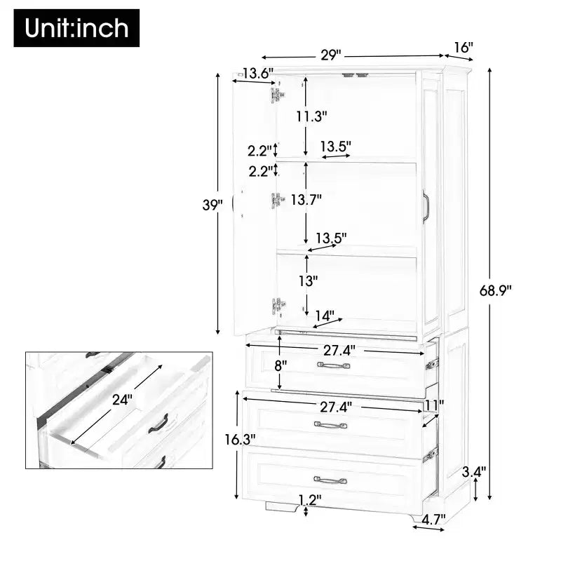 Modern Wood Tall Bathroom Storage Cabinet with Double Doors, Adjustable Shelf and 2 Drawers