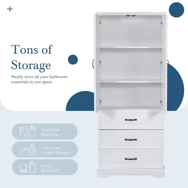 Modern Wood Tall Bathroom Storage Cabinet with Double Doors, Adjustable Shelf and 2 Drawers