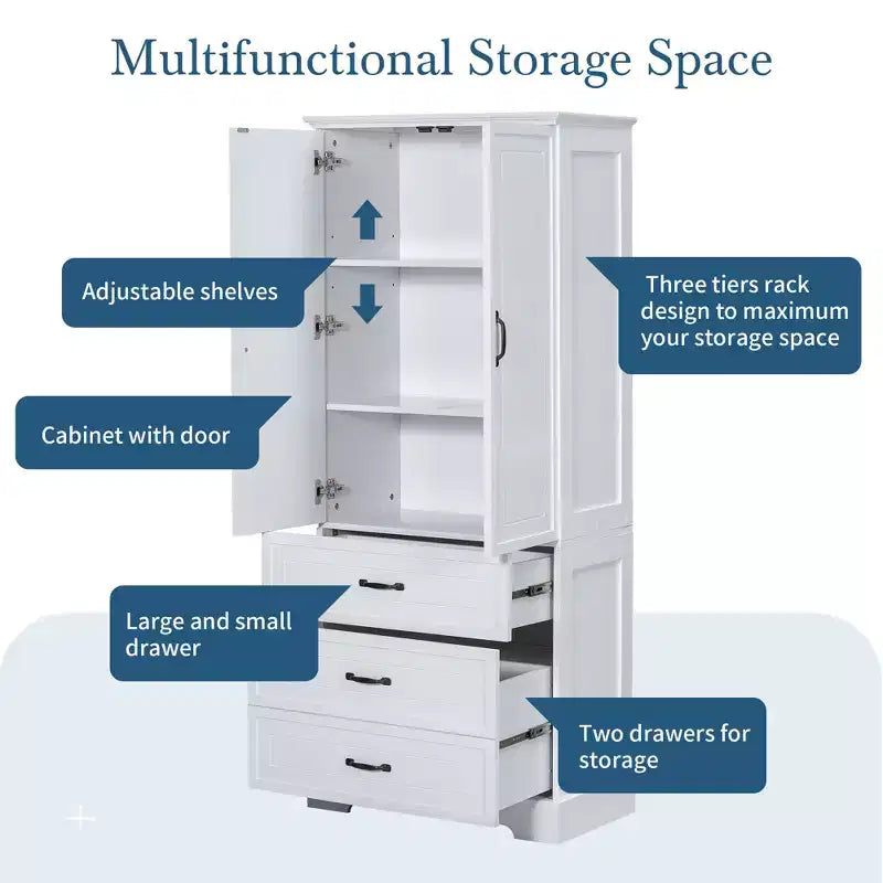Modern Wood Tall Bathroom Storage Cabinet with Double Doors, Adjustable Shelf and 2 Drawers