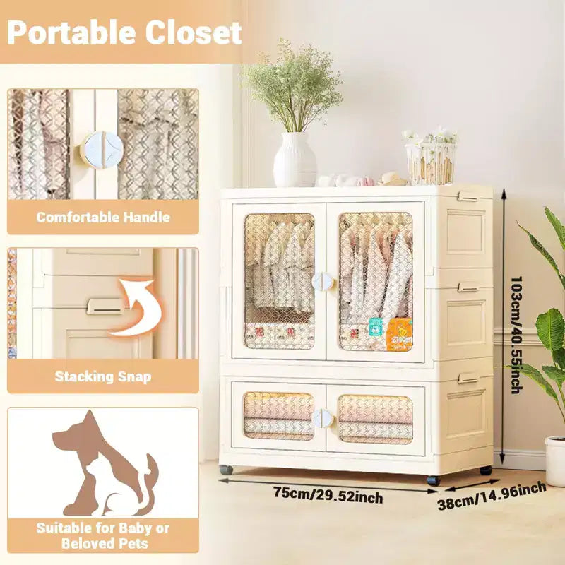 2-Tier Storage Wardrobe w/ Transparent Doors & Rolling Bins for Home Organization