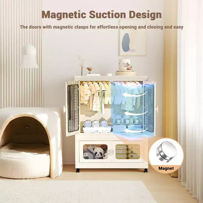 2-Tier Storage Wardrobe w/ Transparent Doors & Rolling Bins for Home Organization