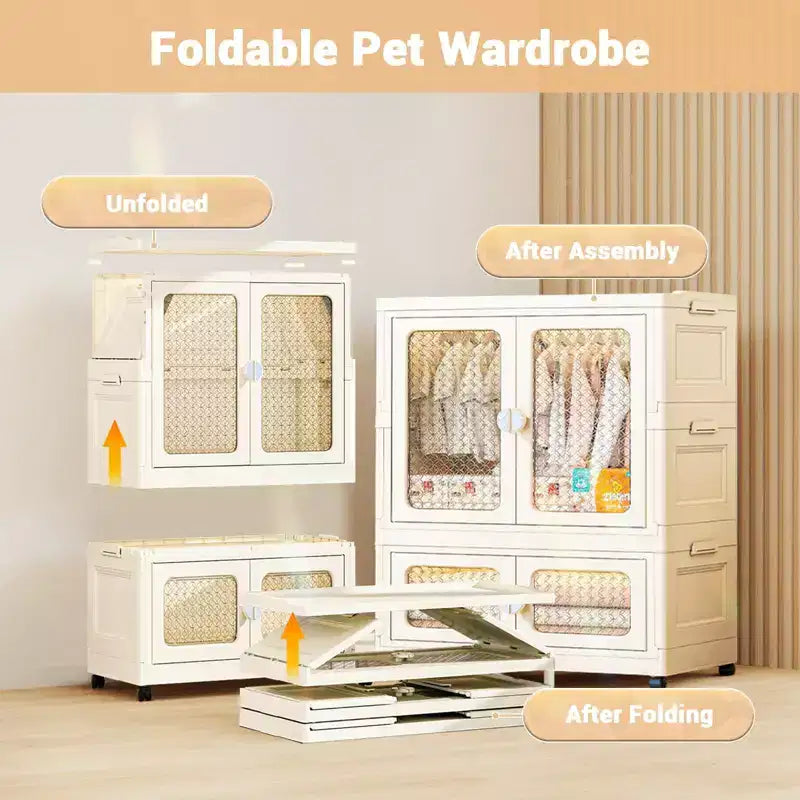 2-Tier Storage Wardrobe w/ Transparent Doors & Rolling Bins for Home Organization