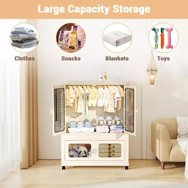 2-Tier Storage Wardrobe w/ Transparent Doors & Rolling Bins for Home Organization