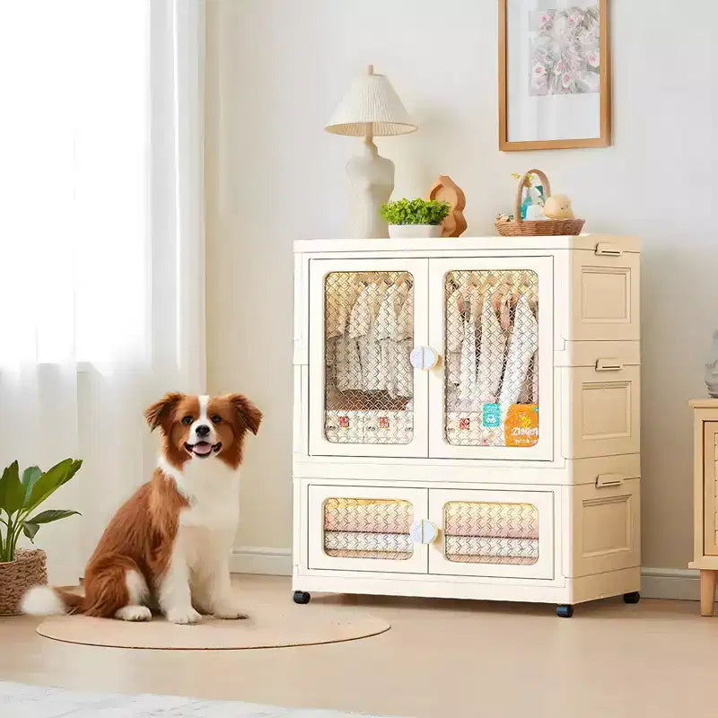 2-Tier Storage Wardrobe w/ Transparent Doors & Rolling Bins for Home Organization